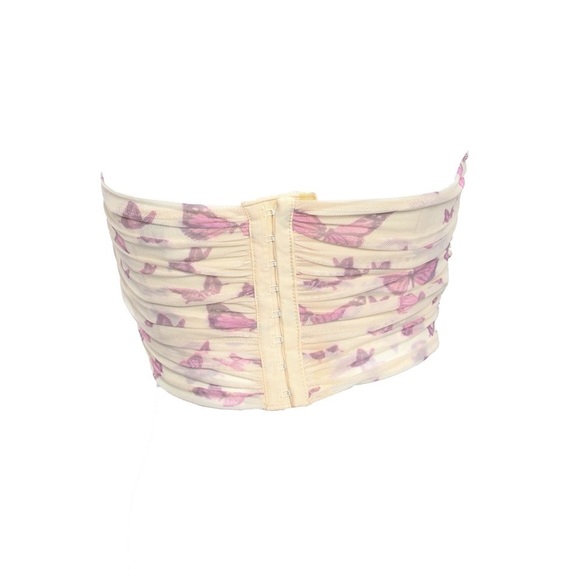 New Arrival:Butterfly Print Semi-Sheer Corset Crop Top - Cream/Pink - Picture 2 of 2